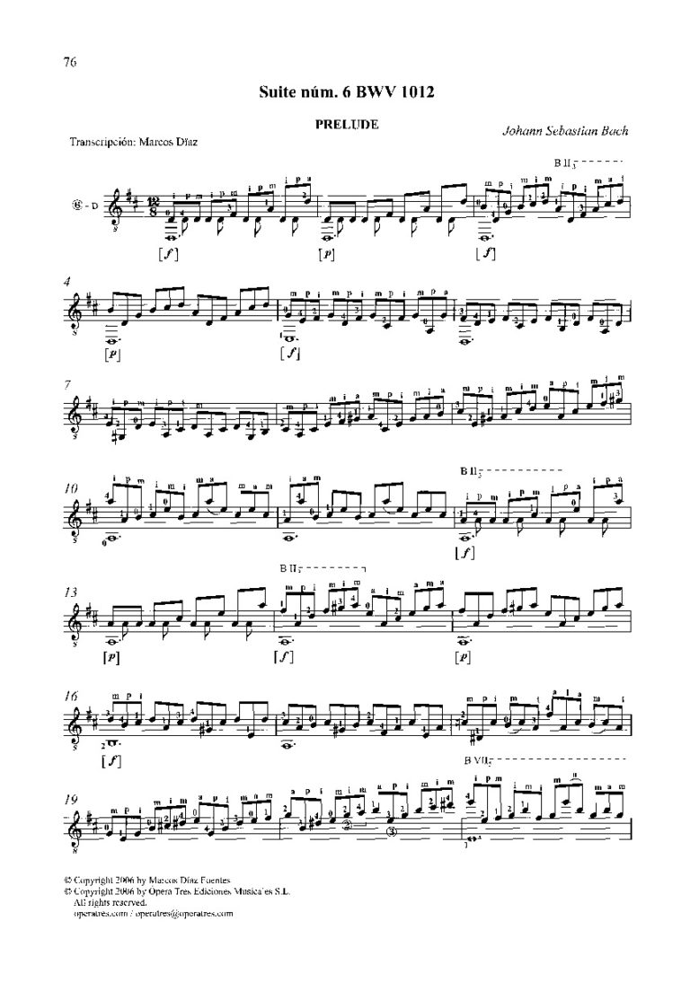 Bach. Johann Sebastian - BWV 1012 Cello Suite No. 6 - Classical Guitar ...