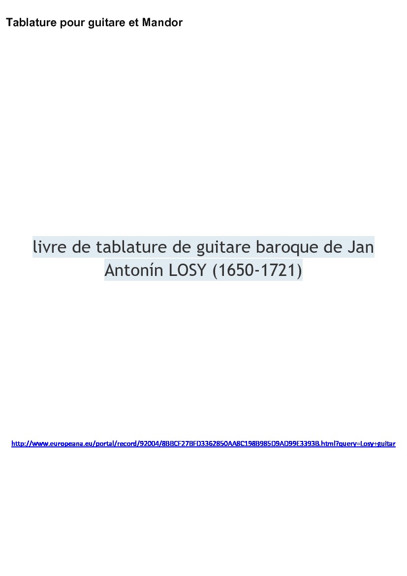 Losy. Jan Antonín - Livre de tablature de guitare baroque (Facsimile  Tablature) -  Classical Guitar Sheet Music.