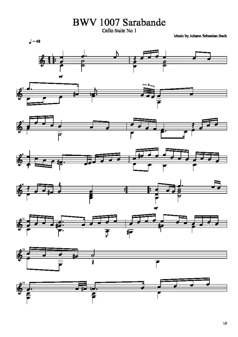 Bach. Johann Sebastian - BWV 1007 Sarabande by Johann Sebastian Bach ...