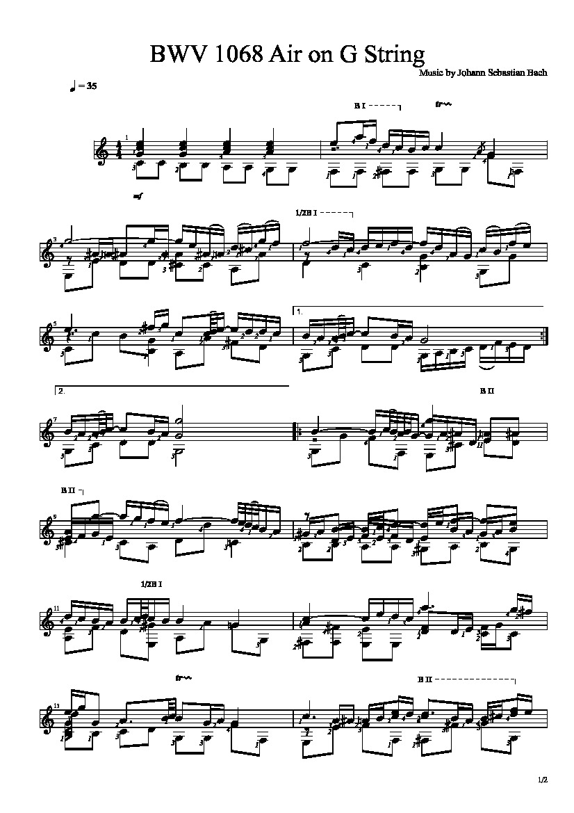 Bach. Johann Sebastian - BWV 1068 Air on G String by Johann Sebastian Bach  - Classical Guitar Library Classical Guitar Sheet Music.