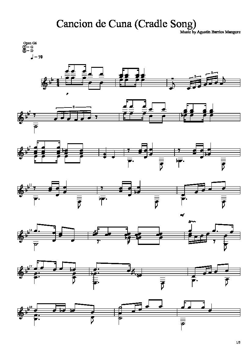 Cancion De Cuna by Agustin Barrios Mangore - classical guitar sheet